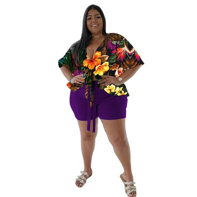 Women Fashion Casual Plus Size Printed Loose T-Shirt Solid Color Tight Shorts Two-Piece Set