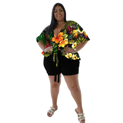 Women Fashion Casual Plus Size Printed Loose T-Shirt Solid Color Tight Shorts Two-Piece Set
