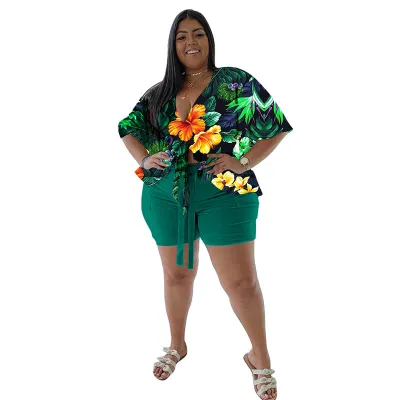 Women Fashion Casual Plus Size Printed Loose T-Shirt Solid Color Tight Shorts Two-Piece Set