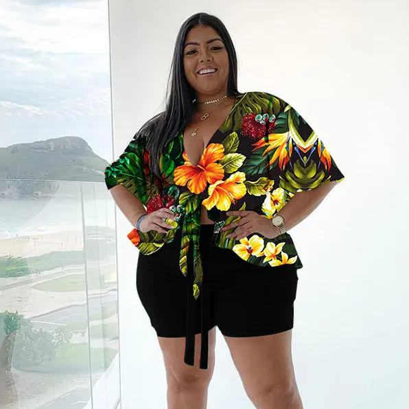 Women Fashion Casual Plus Size Printed Loose T-Shirt Solid Color Tight Shorts Two-Piece Set