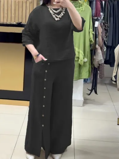 Women Fashion Casual Plus Size Solid Color Cotton And Linen Short-Sleeve Blouse Loose Pants Two-Piece Set