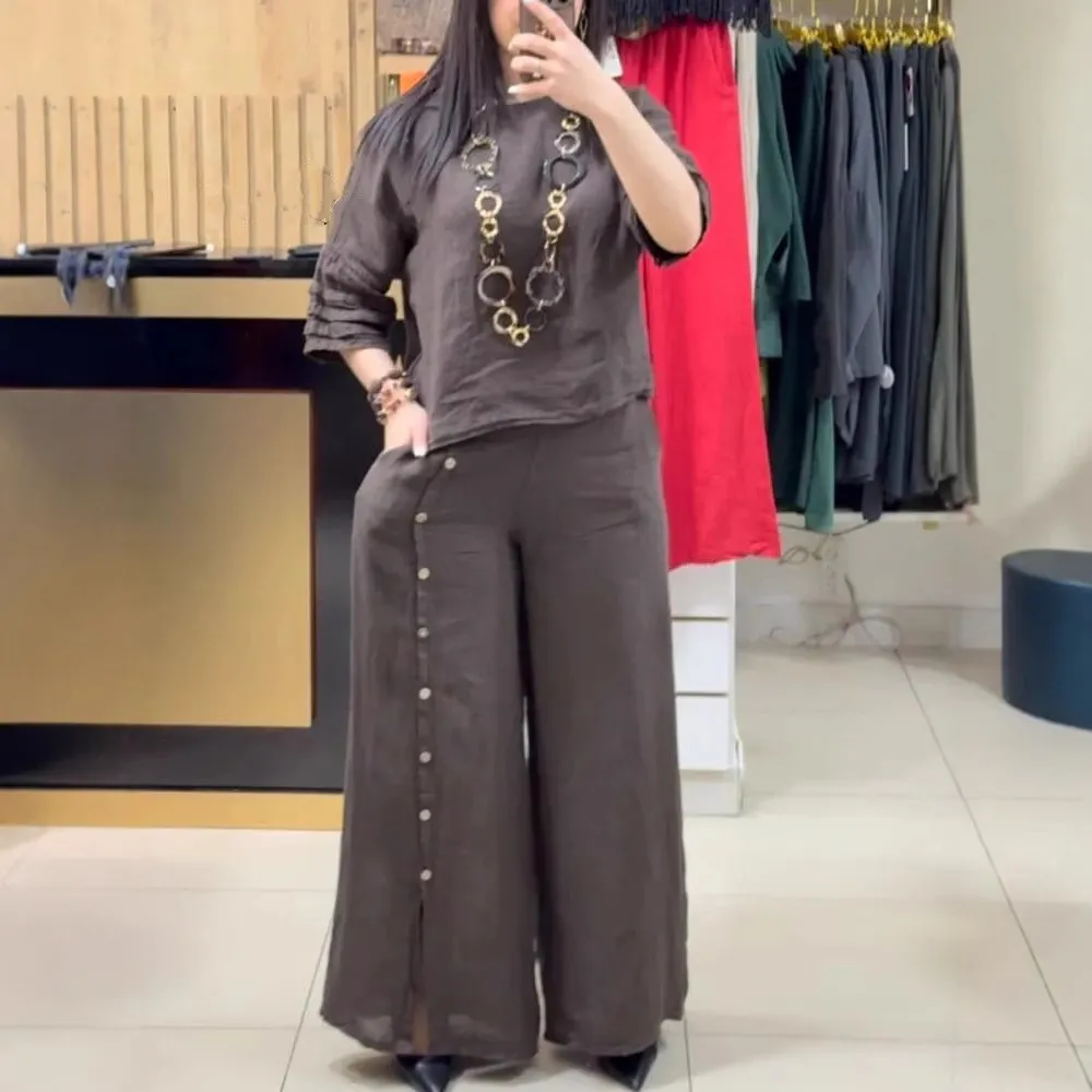 Women Fashion Casual Plus Size Solid Color Cotton And Linen Short-Sleeve Blouse Loose Pants Two-Piece Set
