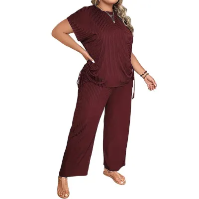 Women Fashion Casual Plus Size Solid Color Short-Sleeve T-Shirt Loose Wide-Leg Pants Two-Piece Set