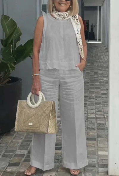 Women Plus Size Cotton Linen Sleeveless Tank Top Wide Leg Pants Casual Set