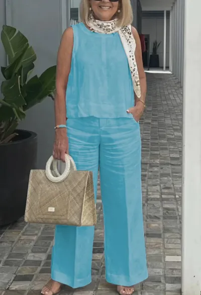 Women Plus Size Cotton Linen Sleeveless Tank Top Wide Leg Pants Casual Set