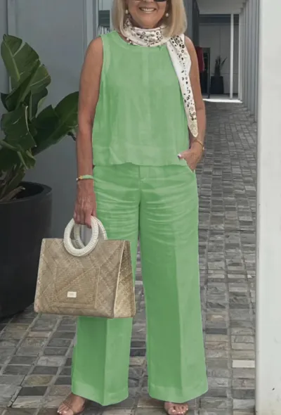 Women Plus Size Cotton Linen Sleeveless Tank Top Wide Leg Pants Casual Set