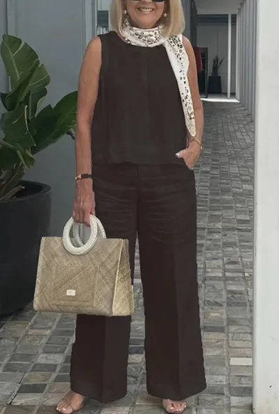 Women Plus Size Cotton Linen Sleeveless Tank Top Wide Leg Pants Casual Set