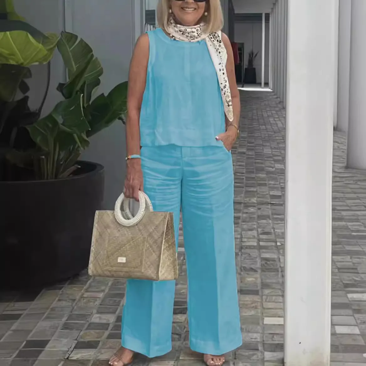 Women Plus Size Cotton Linen Sleeveless Tank Top Wide Leg Pants Casual Set