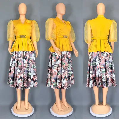 Women Plus Size Elegant Chiffon Puff Sleeve Top Printed Skirt Two-Piece Set
