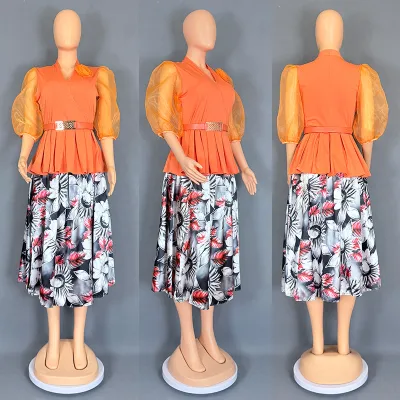 Women Plus Size Elegant Chiffon Puff Sleeve Top Printed Skirt Two-Piece Set