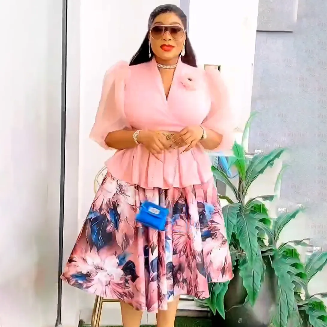 Women Plus Size Elegant Chiffon Puff Sleeve Top Printed Skirt Two-Piece Set