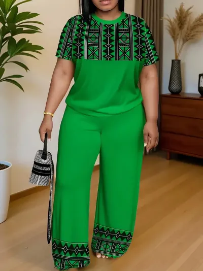 Women Casual Plus Size Plaid Print Short-Sleeve T-Shirt Loose Pants Two-Piece Set