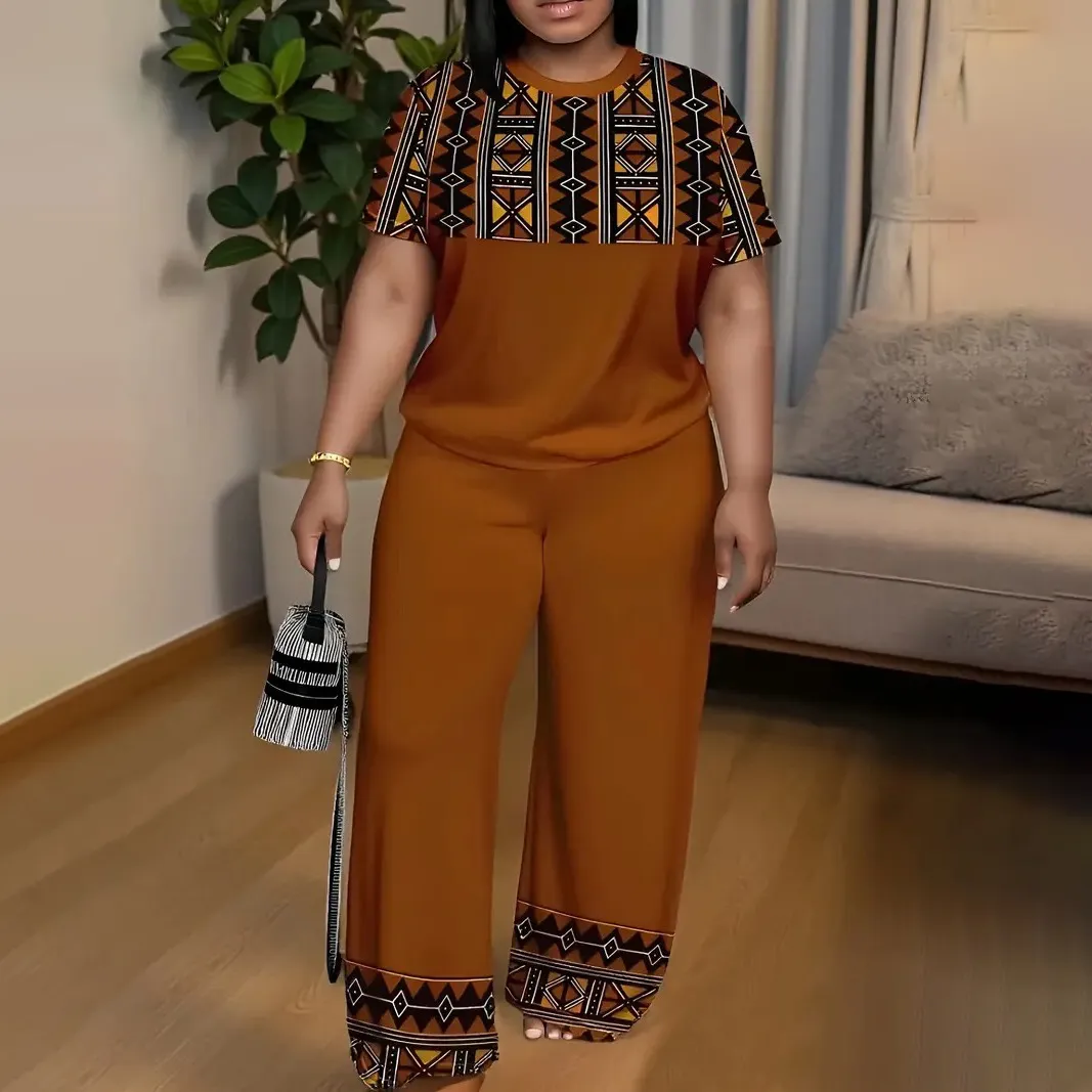 Women Casual Plus Size Plaid Print Short-Sleeve T-Shirt Loose Pants Two-Piece Set