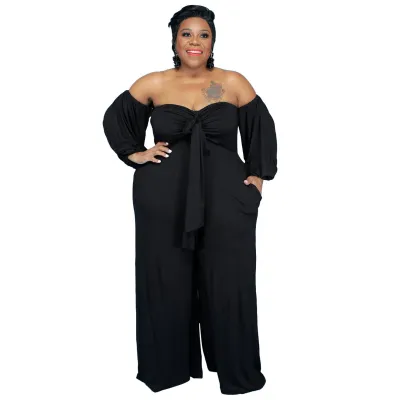 Women Fashion Sexy Plus Size Solid Color Off-Shoulder Long-Sleeve Wide Leg Jumpsuits