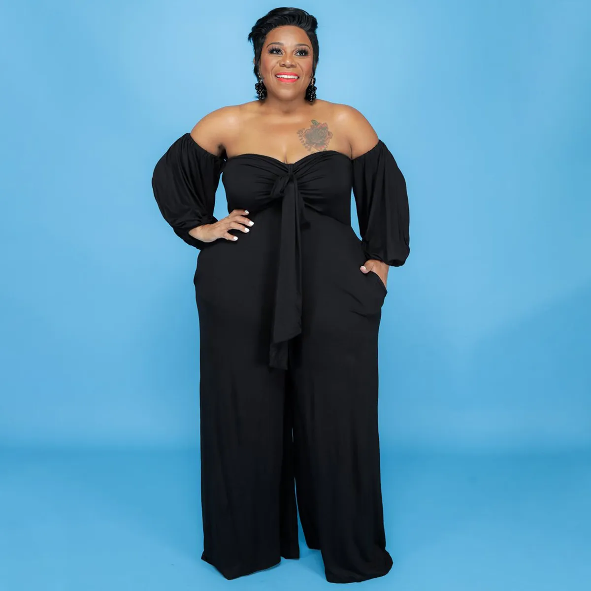 Women Fashion Sexy Plus Size Solid Color Off-Shoulder Long-Sleeve Wide Leg Jumpsuits