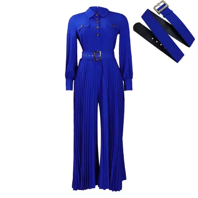 Women Plus Size Casual Solid Color Lapel Long-Sleeve Loose Pleated Wide-Leg Jumpsuit