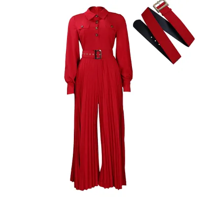 Women Plus Size Casual Solid Color Lapel Long-Sleeve Loose Pleated Wide-Leg Jumpsuit