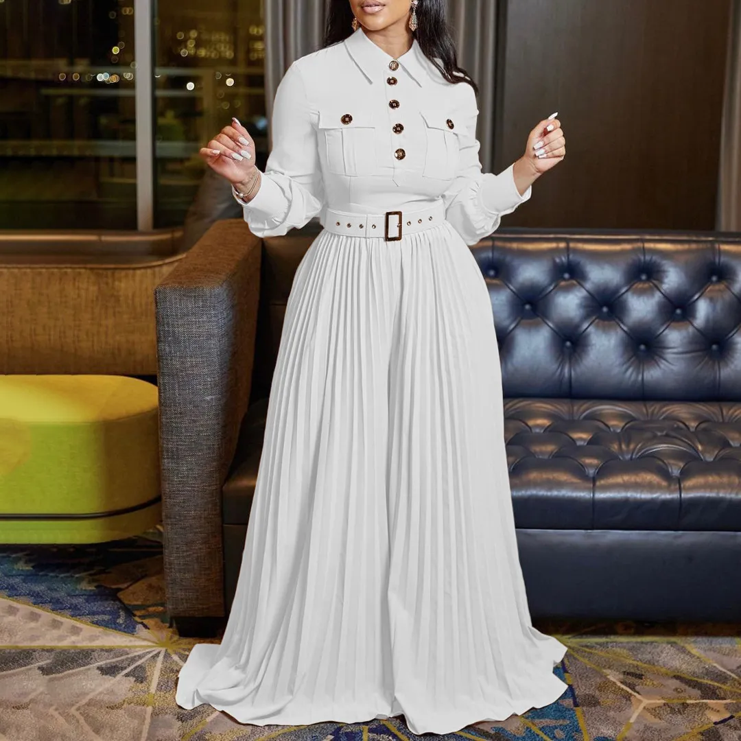 Women Plus Size Casual Solid Color Lapel Long-Sleeve Loose Pleated Wide-Leg Jumpsuit