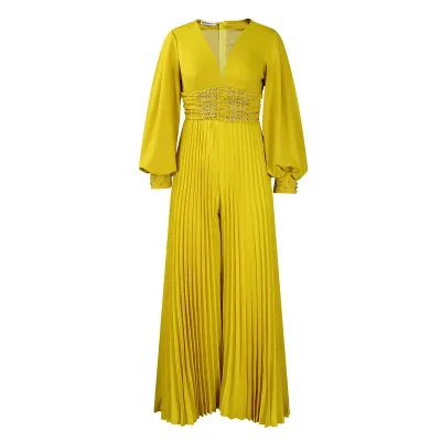 Women Fashion Casual Plus Size Solid Color Long Sleeve Beaded Wide Leg Pleated African Jumpsuit