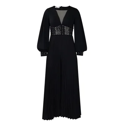 Women Fashion Casual Plus Size Solid Color Long Sleeve Beaded Wide Leg Pleated African Jumpsuit