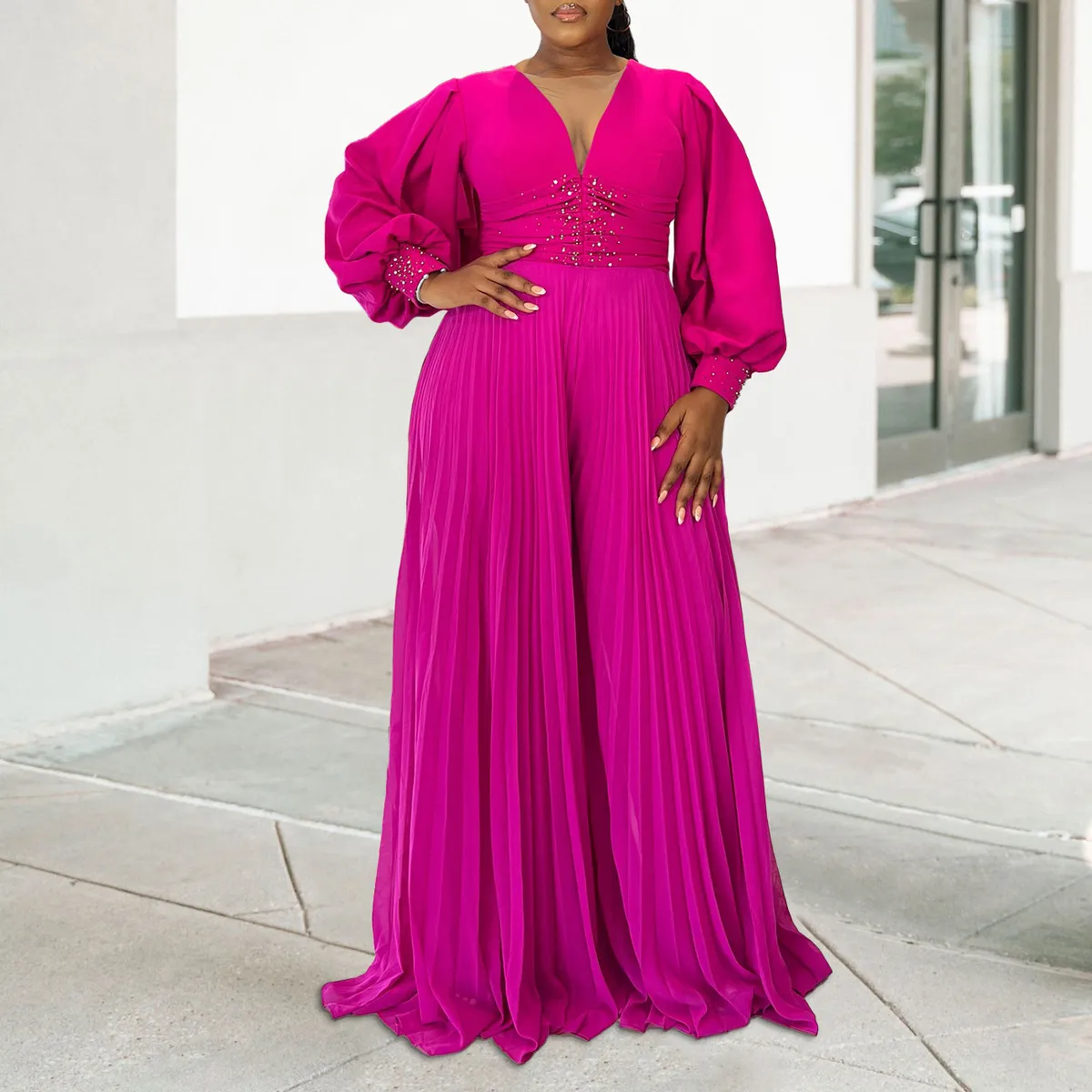 Women Fashion Casual Plus Size Solid Color Long Sleeve Beaded Wide Leg Pleated African Jumpsuit