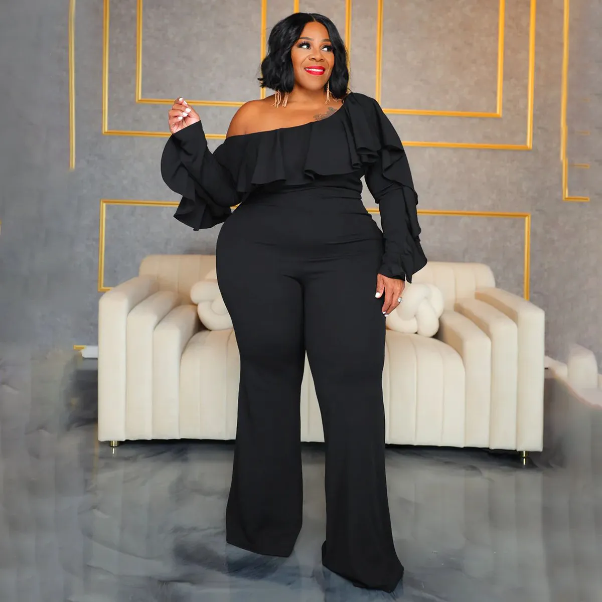Women Fashion Sexy Plus Size Solid Color Slanted Shoulder Ruffled Long-Sleeve Jumpsuits