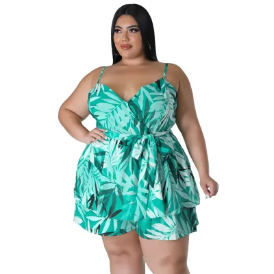 Women Plus Size Sexy Printed V-Neck Spaghetti Strap Lace-Up Rompers