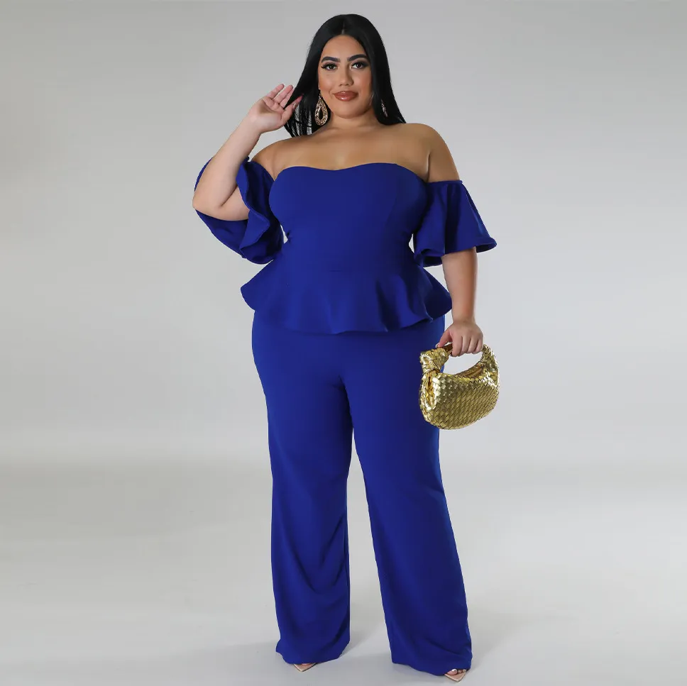 Women Plus Size Off-Shoulder Ruffled Short Sleeve Wide Leg Stretch Jumpsuit - Solid Color Gentle Wind Style