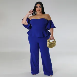 Women Plus Size Off-Shoulder Ruffled Short Sleeve Wide Leg Stretch Jumpsuit - Solid Color Gentle Wind Style