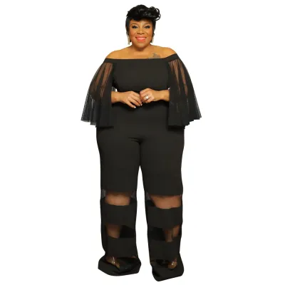 Women Fashion Elegant Plus Size Solid Color Mesh Stitching Off-Shoulder Straight Jumpsuits
