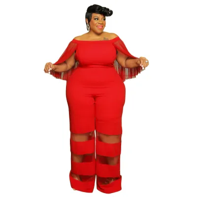 Women Fashion Elegant Plus Size Solid Color Mesh Stitching Off-Shoulder Straight Jumpsuits