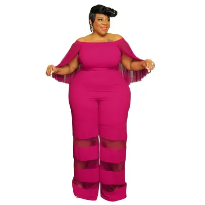 Women Fashion Elegant Plus Size Solid Color Mesh Stitching Off-Shoulder Straight Jumpsuits