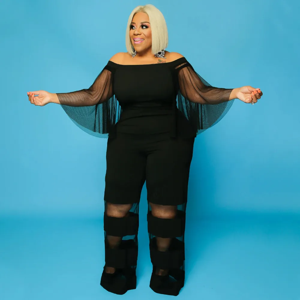 Women Fashion Elegant Plus Size Solid Color Mesh Stitching Off-Shoulder Straight Jumpsuits