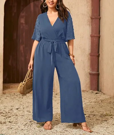 Women Plus Size Casual Solid Color V-Neck Short-Sleeve High Waist Loose Wide Leg Jumpsuit