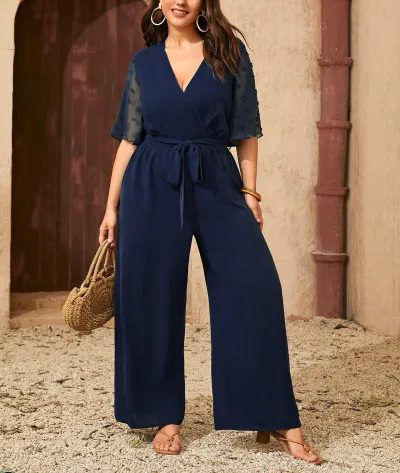 Women Plus Size Casual Solid Color V-Neck Short-Sleeve High Waist Loose Wide Leg Jumpsuit