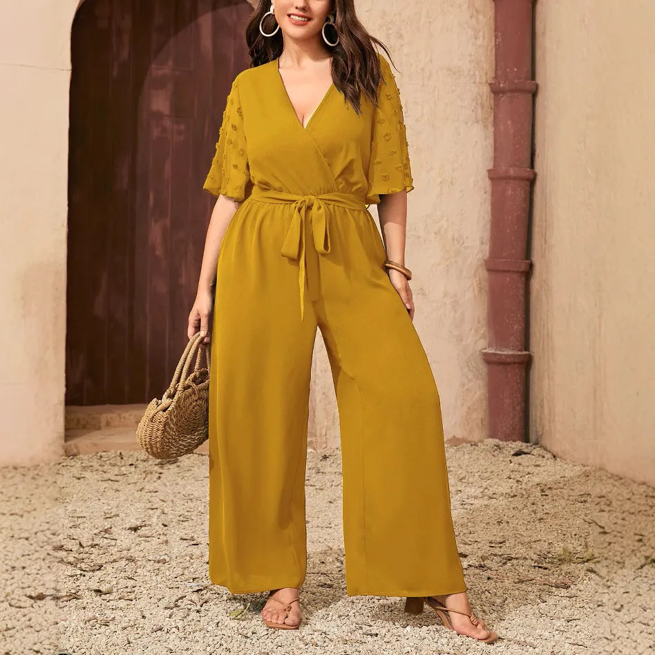 Women Plus Size Casual Solid Color V-Neck Short-Sleeve High Waist Loose Wide Leg Jumpsuit
