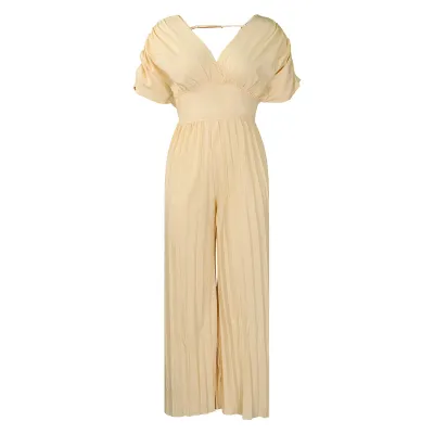 Women Plus Size V-Neck Short-Sleeve Pleated Wide Leg Jumpsuit