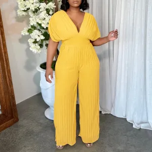 Women Plus Size V-Neck Short-Sleeve Pleated Wide Leg Jumpsuit
