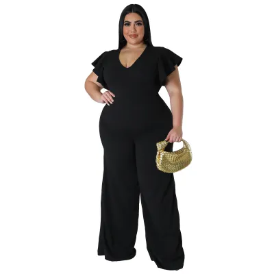 Women Fashion Casual Plus Size Solid Color U-Neck Lotus Leaf Sleeve Wide Leg Jumpsuits