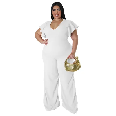 Women Fashion Casual Plus Size Solid Color U-Neck Lotus Leaf Sleeve Wide Leg Jumpsuits