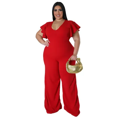 Women Fashion Casual Plus Size Solid Color U-Neck Lotus Leaf Sleeve Wide Leg Jumpsuits