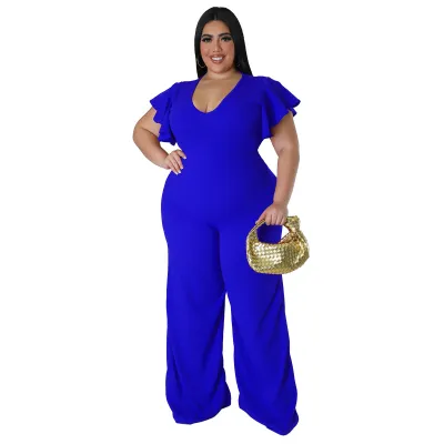 Women Fashion Casual Plus Size Solid Color U-Neck Lotus Leaf Sleeve Wide Leg Jumpsuits