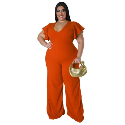 Women Fashion Casual Plus Size Solid Color U-Neck Lotus Leaf Sleeve Wide Leg Jumpsuits