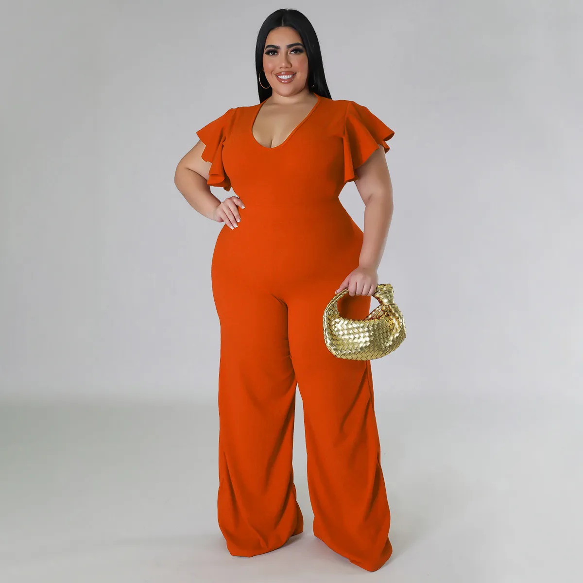 Women Fashion Casual Plus Size Solid Color U-Neck Lotus Leaf Sleeve Wide Leg Jumpsuits