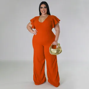 Women Fashion Casual Plus Size Solid Color U-Neck Lotus Leaf Sleeve Wide Leg Jumpsuits