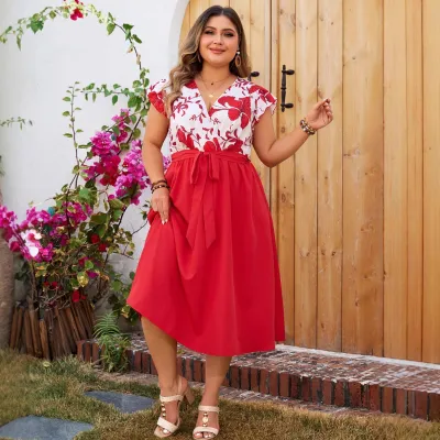 Women Fashion Casual Plus Size Printed Stitching Short Sleeve Lace-Up Midi Dress