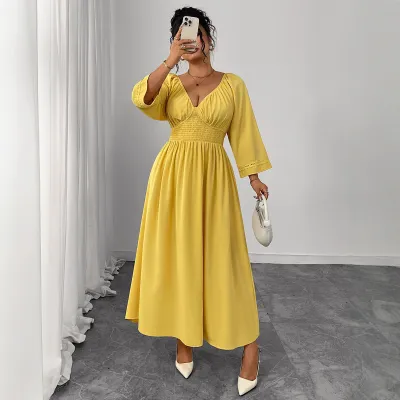 Women Plus Size Elegant Copper Ammonia Fiber High Waist V-Neck Long Dress