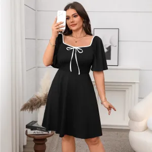 Women Plus Size Casual Square Collar Short-Sleeve Bowknot Loose A-Line Dress