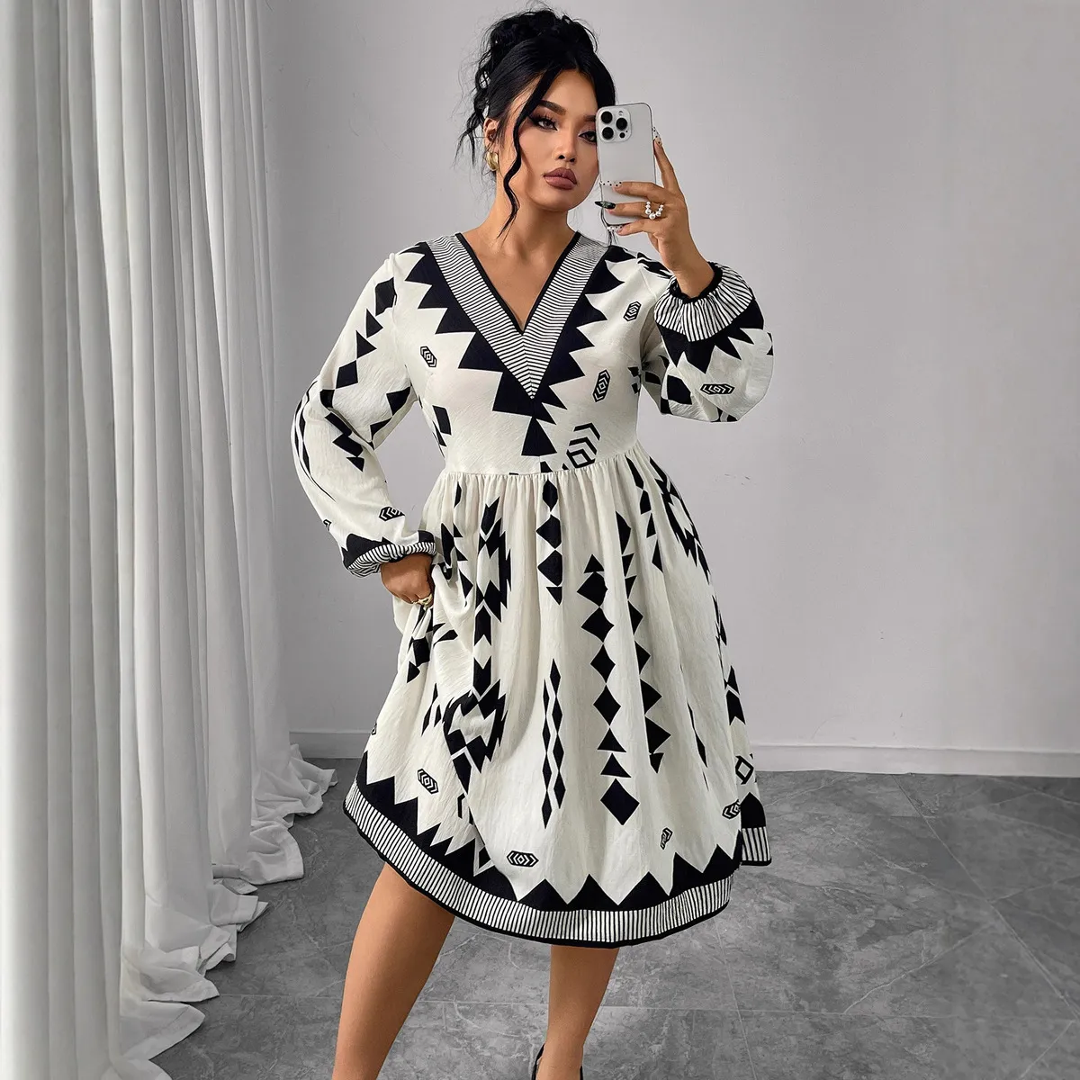 Women Fashion Casual Plus Size Printed V-Neck Puff Sleeve High Waist Dress