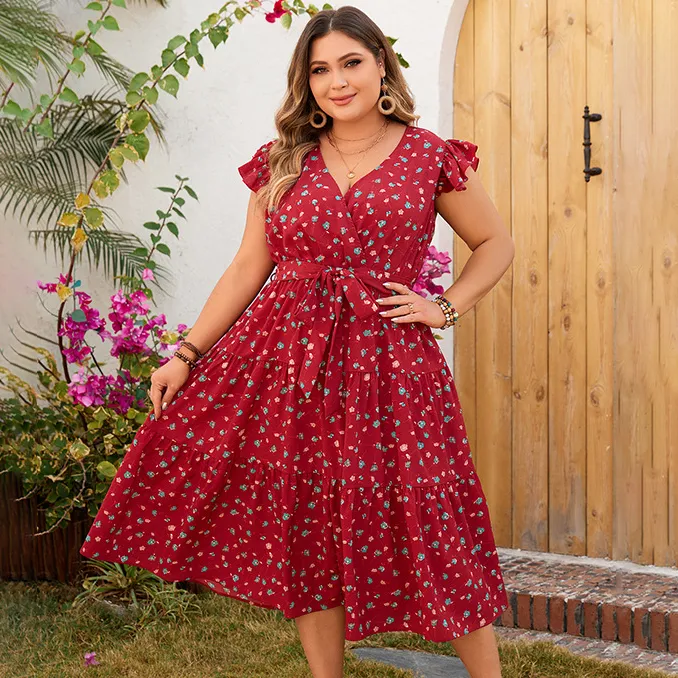 Women Fashion Casual Plus Size Lace-Up Short Sleeve Loose Dress
